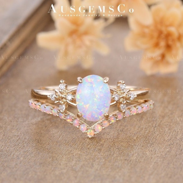 Antique Opal Engagement Ring Sets Rose Gold Opal Bridal Set Diamond Cluster Flower Floral Ring Oval Cut Lab Opal Ring Vine Leaf Women Ring