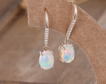 Vintage Opal Gold Earrings Natural Opal Hoop Earrings Unique Opal Diamond Drop Earrings Women Dangle Earrings Antique Jewelry Gift For Her