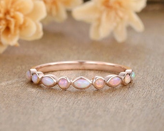 Natural Opal Wedding Band Rose Gold Wedding Band Women Art Deco Marquise Shaped Opal Matching Band Bezel Set Stacking Ring Bridal Fare Opal