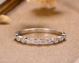 White Gold Wedding Band Milgrain Diamond Wedding Ring Dainty Minimalist Bridal Ring Delicate Marquise Shaped Diamond Band Anniversary Gift