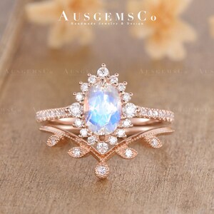 Oval Cut Moonstone Bridal Sets Rose Gold Engagement Ring Sets Halo Half Eternity Curved Diamond Matching Milgrain Leaf Anniversary 2pcs