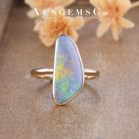 14k White Gold Round Genuine Australian Opal Beaded Design Ring 14k White Gold Round Genuine Australian Opal Beaded Design Ring