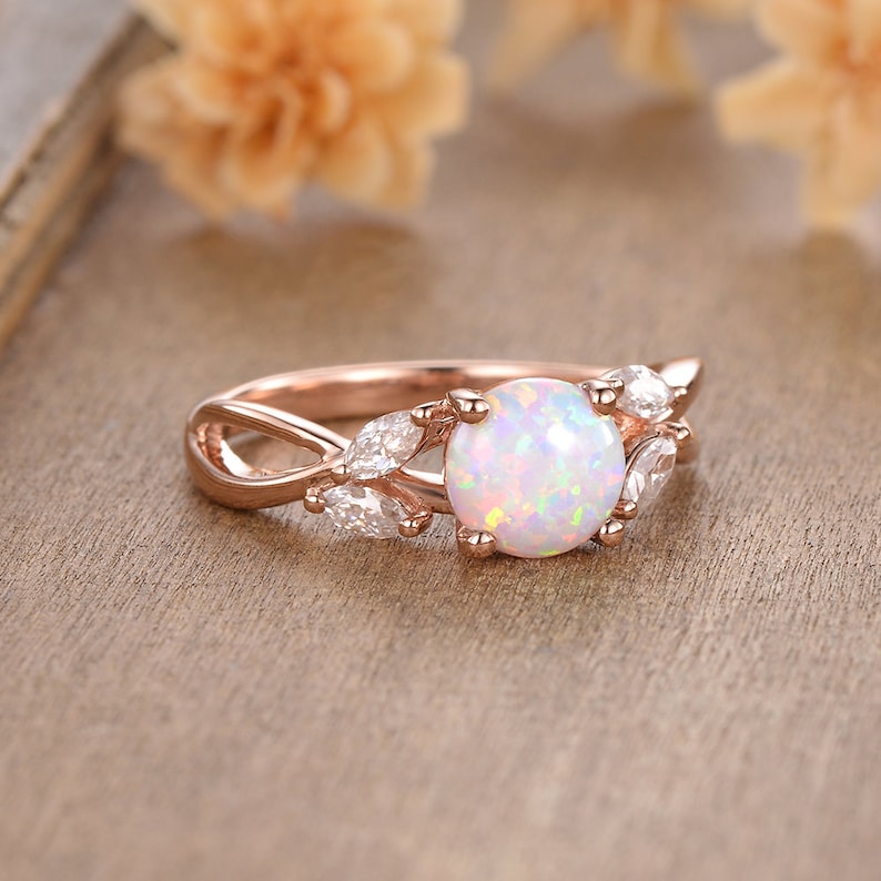 Rose Gold Lab Opal Engagement Ring Vine Leaf Infinity Band | Etsy