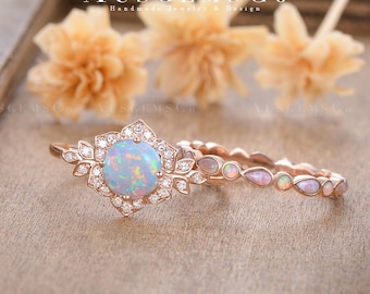 Vintage Opal Engagement Ring Set Rose Gold Halo Moissanite Bridal Set Eternity Opal Wedding Band Women Floral Wedding Ring Leaf Anniversary