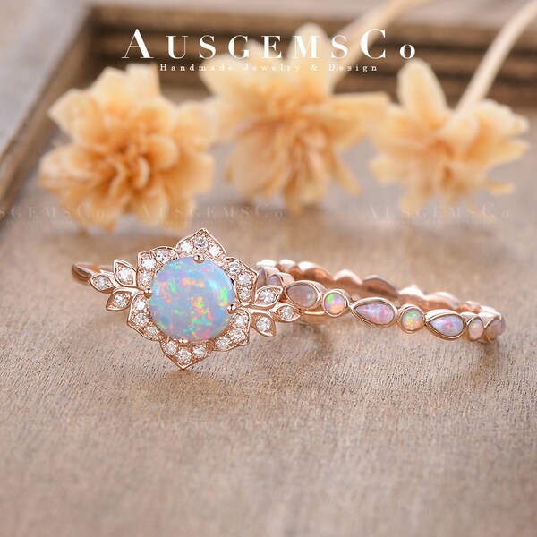 Vintage Opal Engagement Ring Set Rose Gold Halo Moissanite Bridal Set Eternity Opal Wedding Band Women Floral Wedding Ring Leaf Anniversary