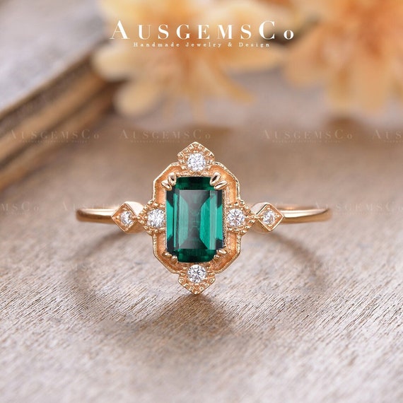 Buy Vintage Lab Emerald Engagement Ring Yellow Gold Emerald Cut