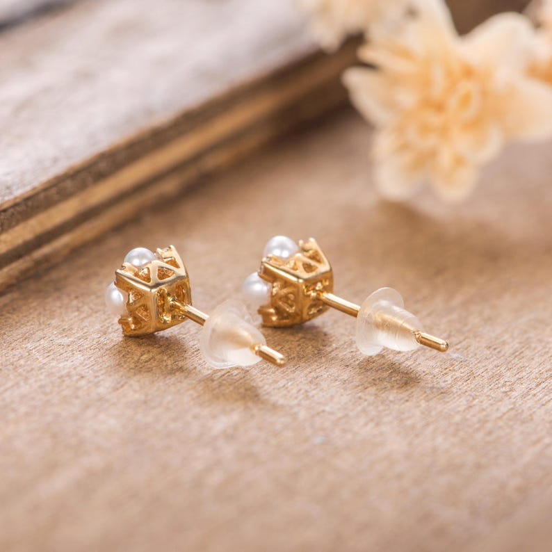 Natural Pearl Earrings Diamond Stud Earrings June Birthstone Unique Halo Studs Yellow Gold Cluster Bridal Wedding Anniversary Gift For Her image 5