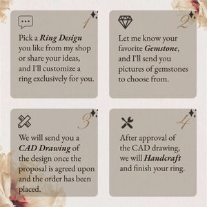 May include: Four steps to creating a custom ring. 1. Pick a ring design. 2. Choose your favorite gemstone. 3. We will send you a CAD drawing. 4. After approval, we will handcraft your ring.