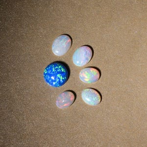 May include: A collection of seven oval-shaped opals, six white and one blue with green and white flecks, arranged in a semi-circle on a brown surface.