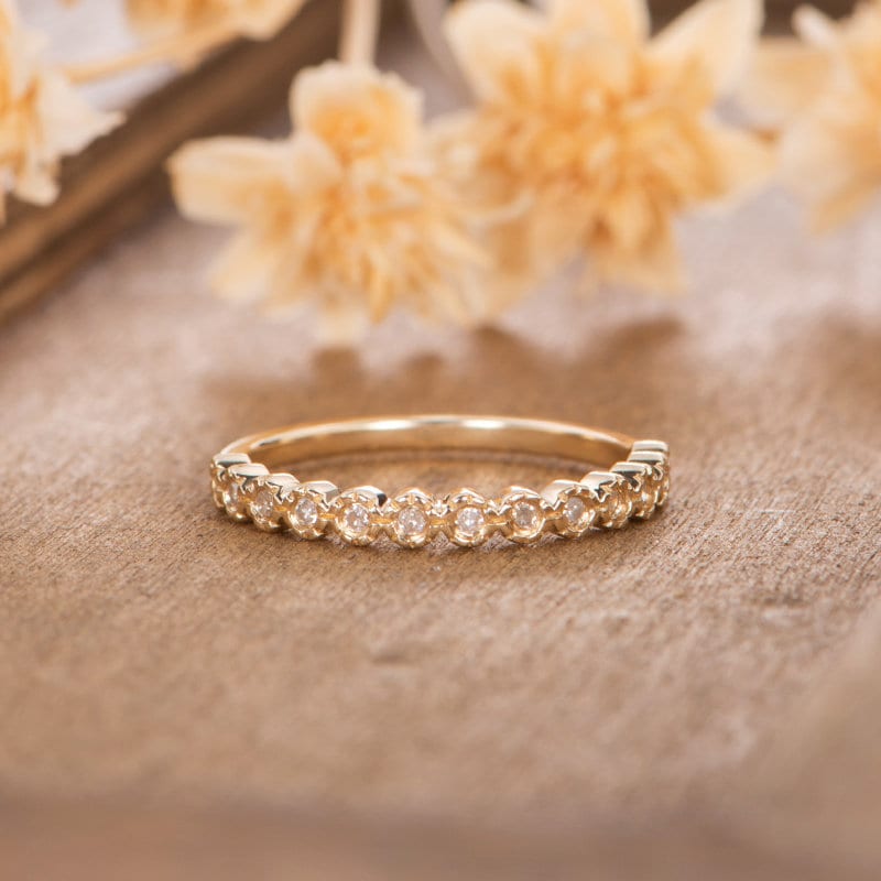Milgrain Diamond Wedding Band Yellow Gold Half Eternity Women Unique Antique Simple Minimalist Delicate Dainty Anniversary Gift Matching