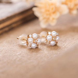 Natural Pearl Earrings Diamond Stud Earrings June Birthstone Unique Halo Studs Yellow Gold Cluster Bridal Wedding Anniversary Gift For Her image 4