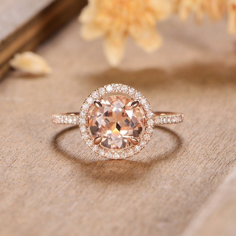 Halo Engagement Ring Morganite Rose Gold Ring Diamond Round - Etsy