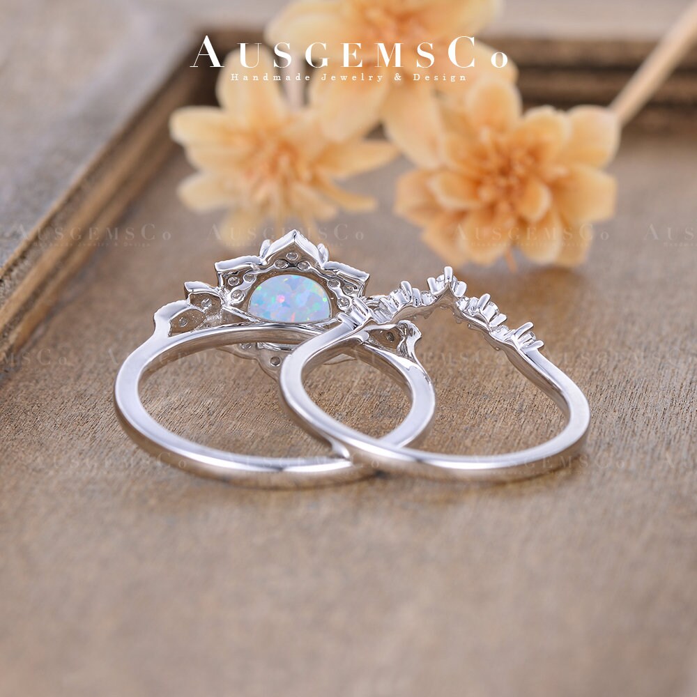 Opal Engagement Ring Set Antique White Gold Flora Bridal Set