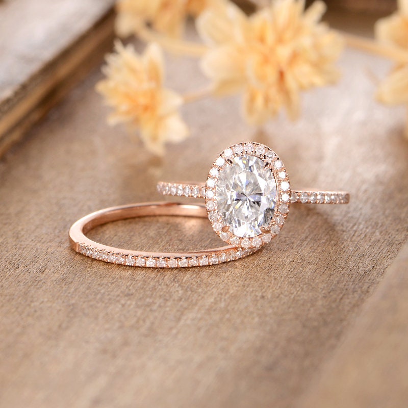 Moissanite Engagement Ring Rose Gold Oval Cut Bridal Set Halo | Etsy