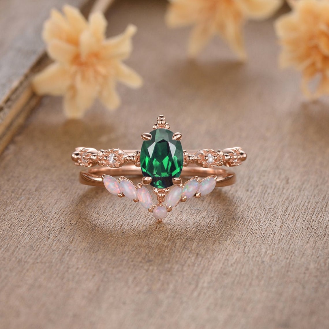 Emerald Engagement Ring Set Rose Gold Bridal Set Natural Opal image 1