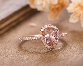 Rose Gold Engagement Ring Morganite Pear Shaped Ring Halo Diamond Women Bridal Wedding Antique Ring Half Eternity Anniversary Gift For Her