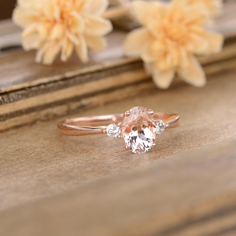 Morganite Engagement Ring Rose Gold Three Stone Diamond Oval | Etsy