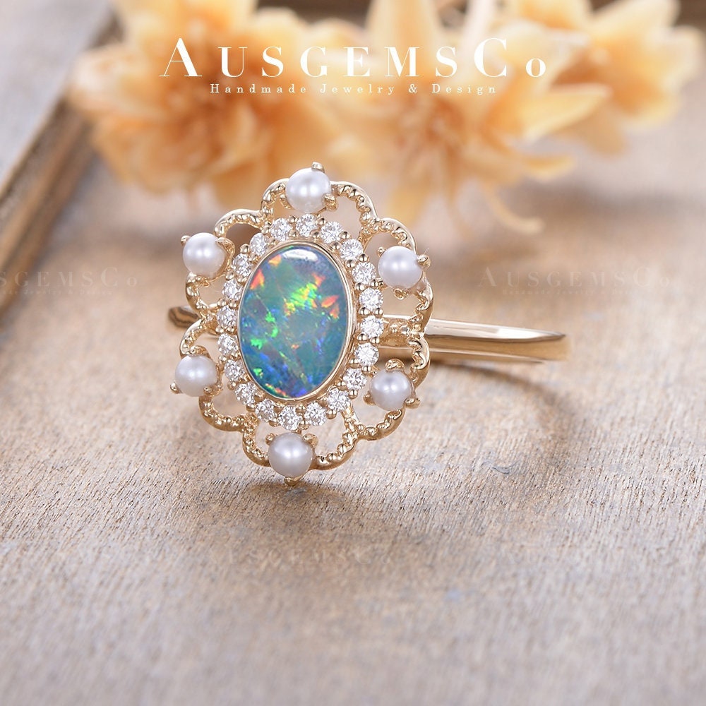 オパールとパールのエンゲージリング、アンティークイエローゴールド
