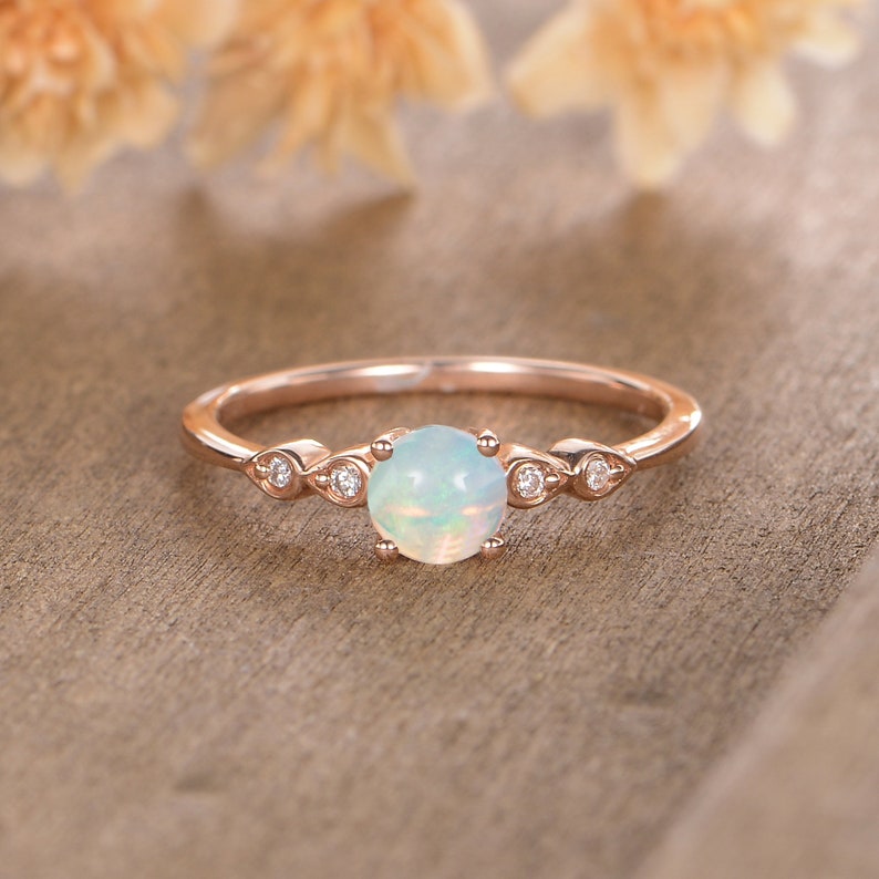 Natural Opal Engagement Ring Rose Gold Solitaire Marquise Diamon Natural Opal Engagement Ring Rose Gold Solitaire Marquise Diamon