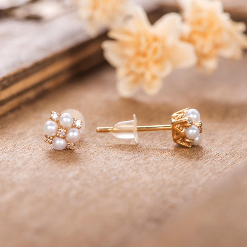 Natural Pearl Earrings Diamond Stud Earrings June Birthstone Unique Halo Studs Yellow Gold Cluster Bridal Wedding Anniversary Gift For Her image 3