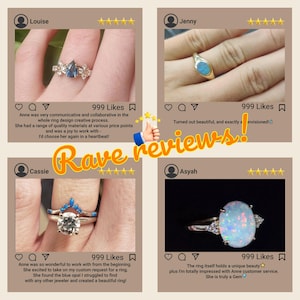 May include: Four Instagram posts showcasing customer reviews for a jewelry shop. Each post features a photo of a ring, a customer's name, a five-star rating, and a positive review. The reviews highlight the quality of the jewelry, the customer service, and the unique designs.