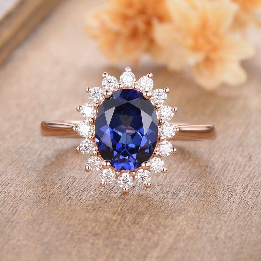 Oval Cut Lab Sapphire Engagement Ring Rose Gold Halo - Etsy
