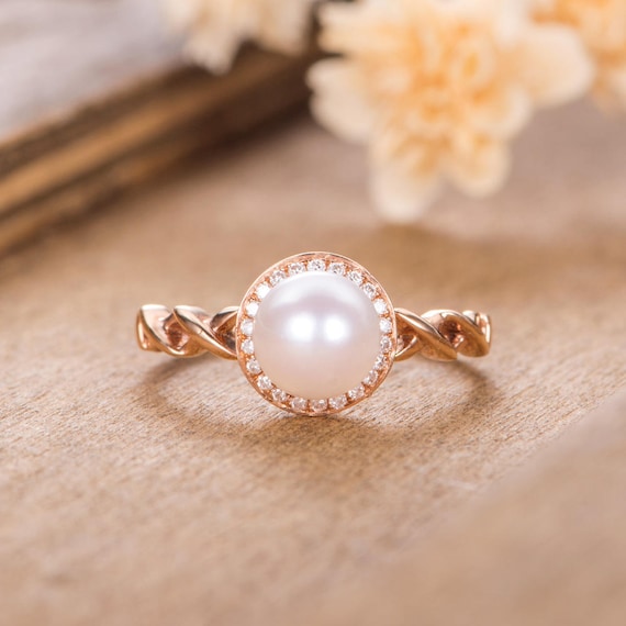 Pearl Engagement Ring Halo Diamond Rose Gold Infinity Bridal Women
