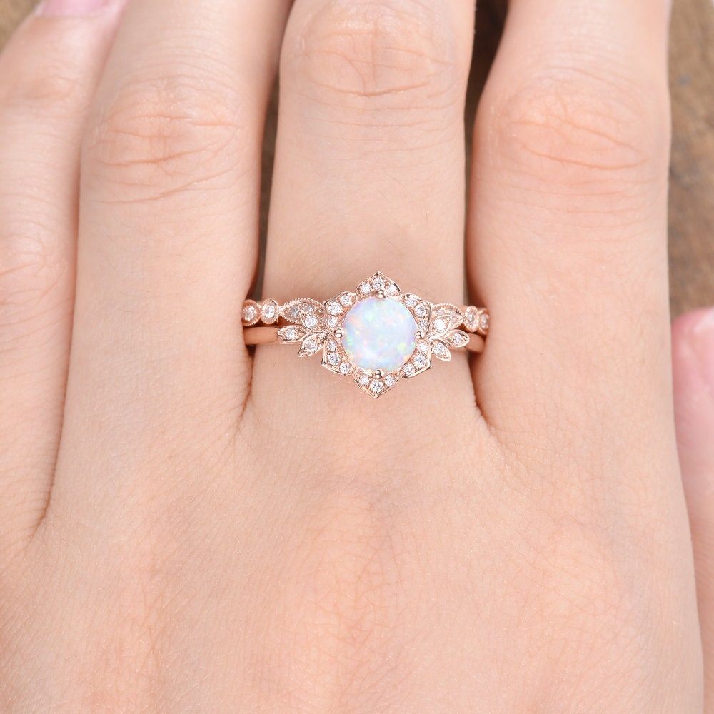 Flower Opal Engagement Ring Set Antique 2pcs Rose Gold Opal - Etsy