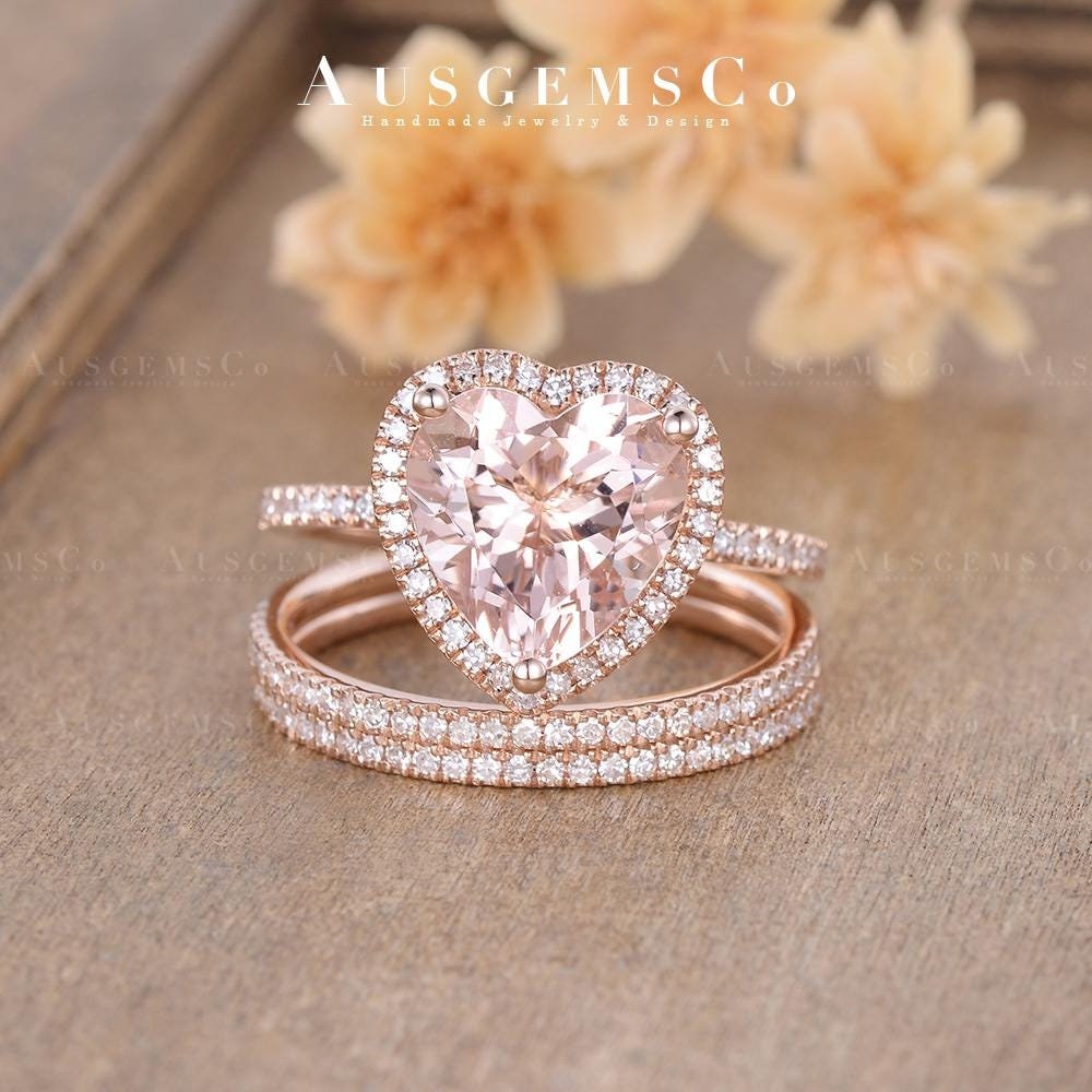 3CT Natural Morganite Engagement Ring Set Heart Cut Bridal Set