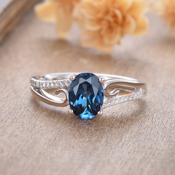 London Blue Topaz Engagement Ring White Gold Oval Cut Blue Topaz