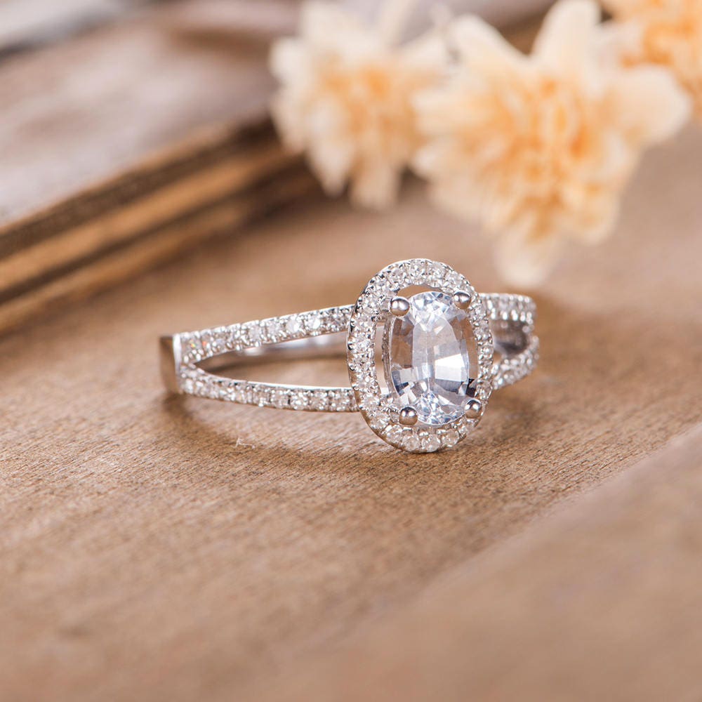 White Sapphire Engagement Ring Oval Cut Halo Diamond Split | Etsy