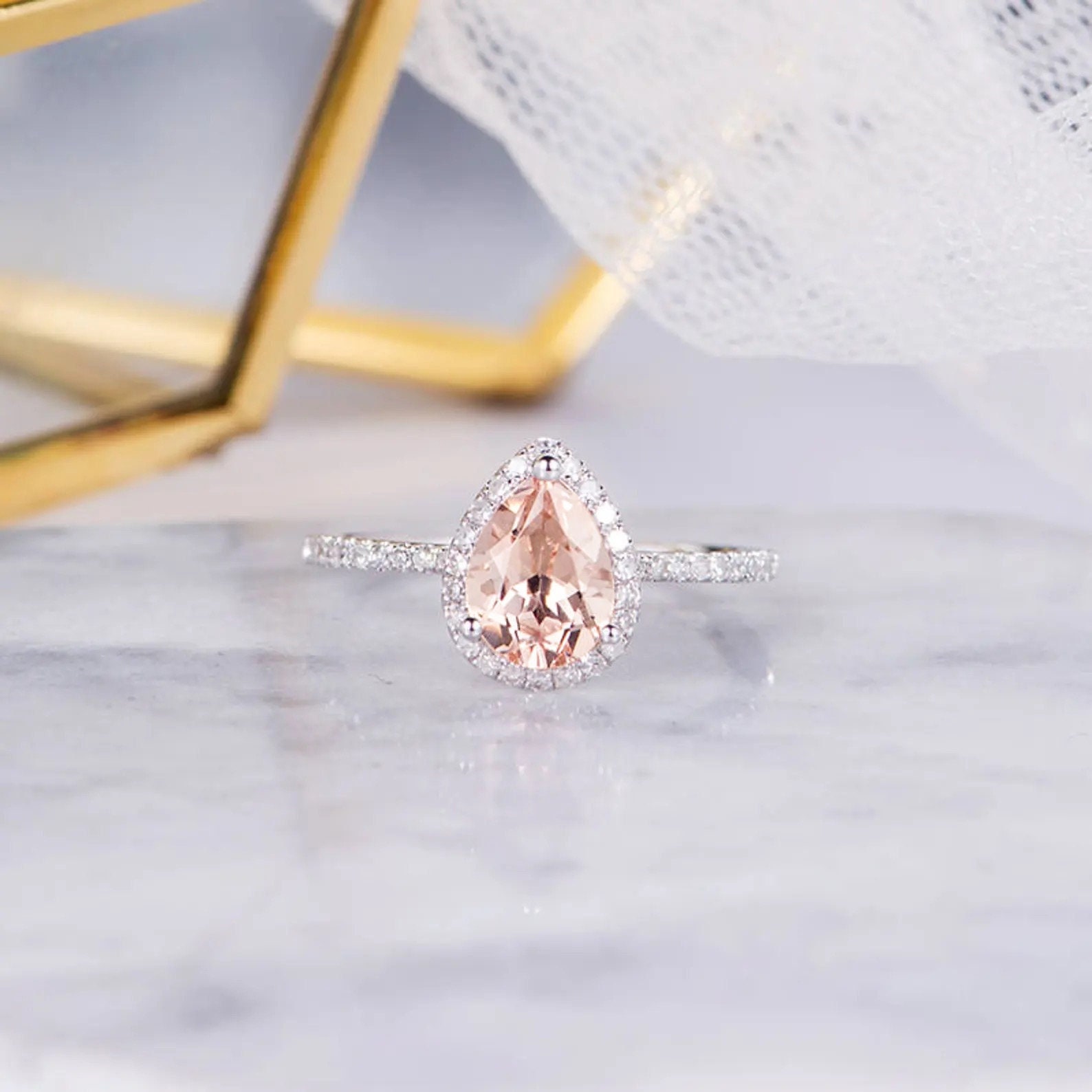 Vintage Morganite Engagement Ring White Gold Pear Shaped Halo Diamond Women Bridal Wedding Ring Antique Ring Half Eternity Anniversary Gift