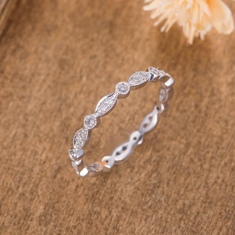 White Gold Art Deco Wedding Band Women Diamond Bridal Wedding Etsy