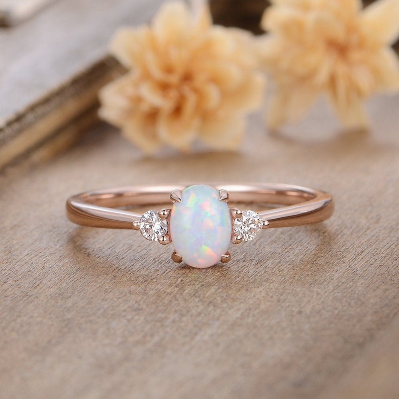 Oval Cut Opal Engagement Ring Diamond Rose Gold Three Stone | Etsy