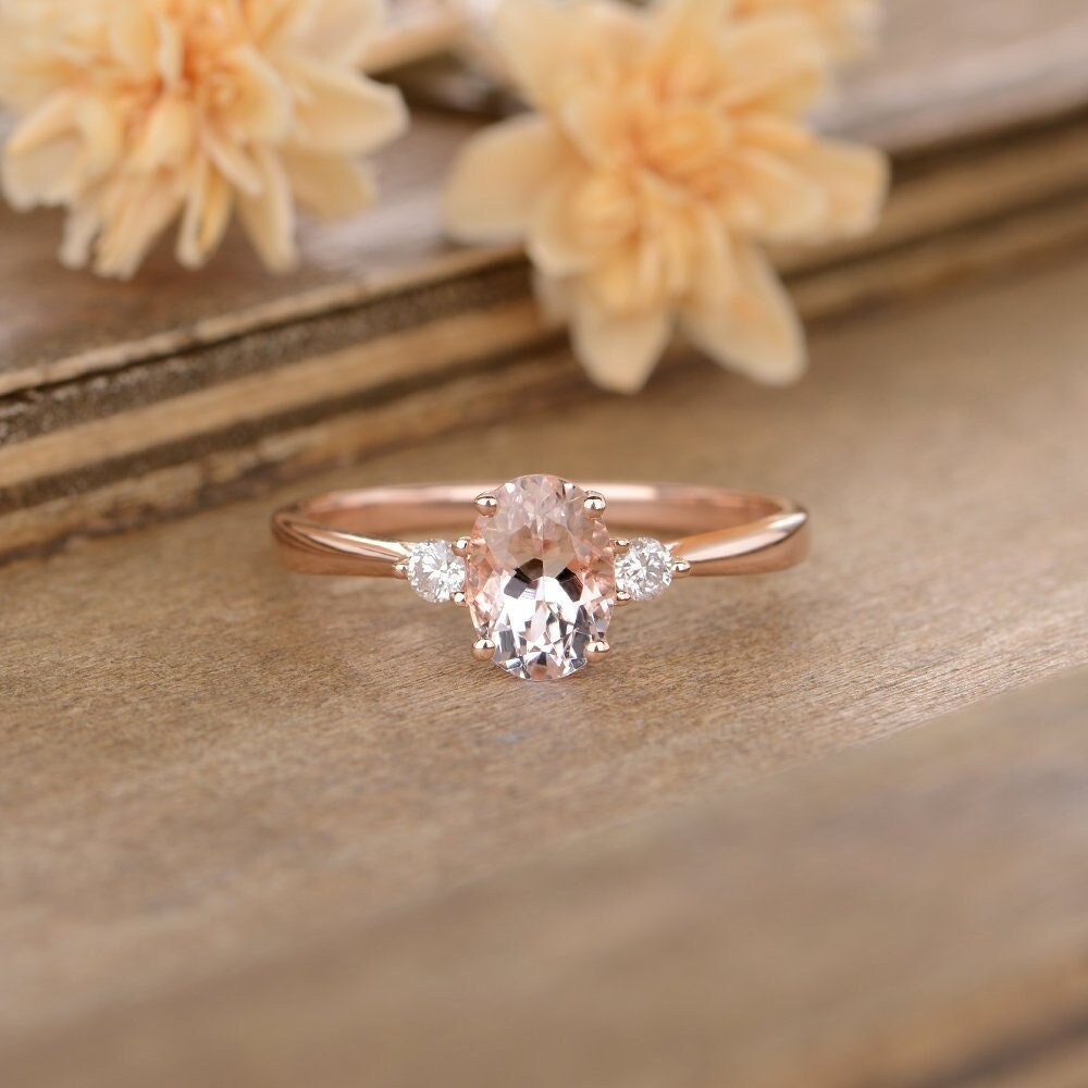 Morganite Engagement Ring Rose Gold Three Stone Diamond Oval - Etsy