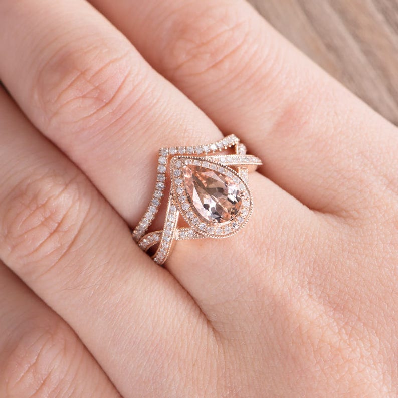 Pear Shaped Engagement Ring Rose Gold Ring Set Etsy