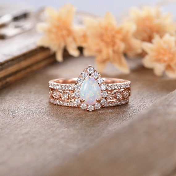 Pear Shaped Opal Engagement Ring 3pcs Bridal Set Rose Gold Etsy