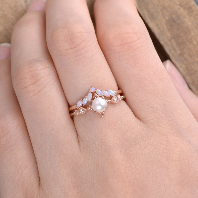 Pearl Engagement Ring Set Rose Gold Bridal Set Natural Pearl Etsy