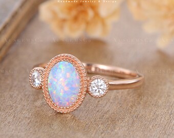 Three Stone Opal Engagement Ring Rose Gold Bezel Set Ring Milgrain