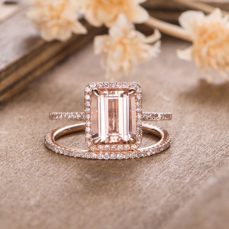 Rose Gold Morganite Engagement Ring Set Bridal Set Emerald Cut | Etsy