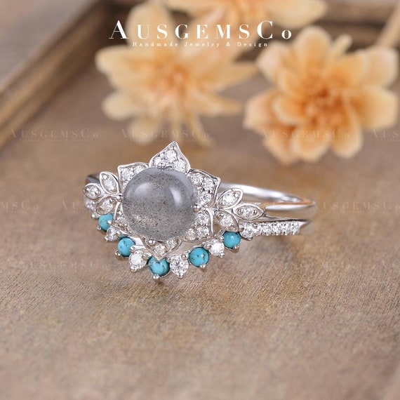 Turquoise Labradorite Wedding Ring Double Channel Labradorite Ring