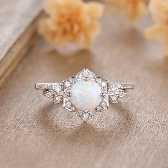 オパールリング flower 1点 opal ring Antique Flower Opal Engagement Ring Rose Gold Diamond Halo Floral