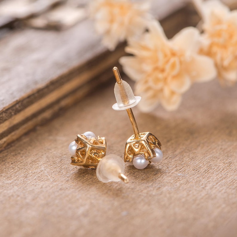 Natural Pearl Earrings Diamond Stud Earrings June Birthstone Unique Halo Studs Yellow Gold Cluster Bridal Wedding Anniversary Gift For Her image 6