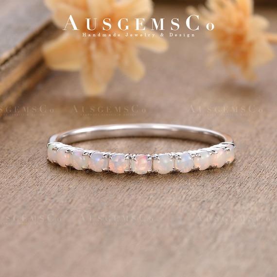 Opal Wedding Band Women White Gold October Birthstone Stacking