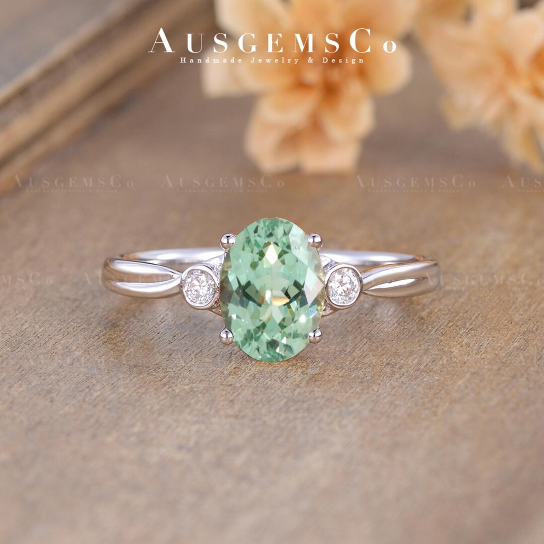 Unique Green Sapphire Engagement Ring Oval Cut Three Stone Wedding Ring ...