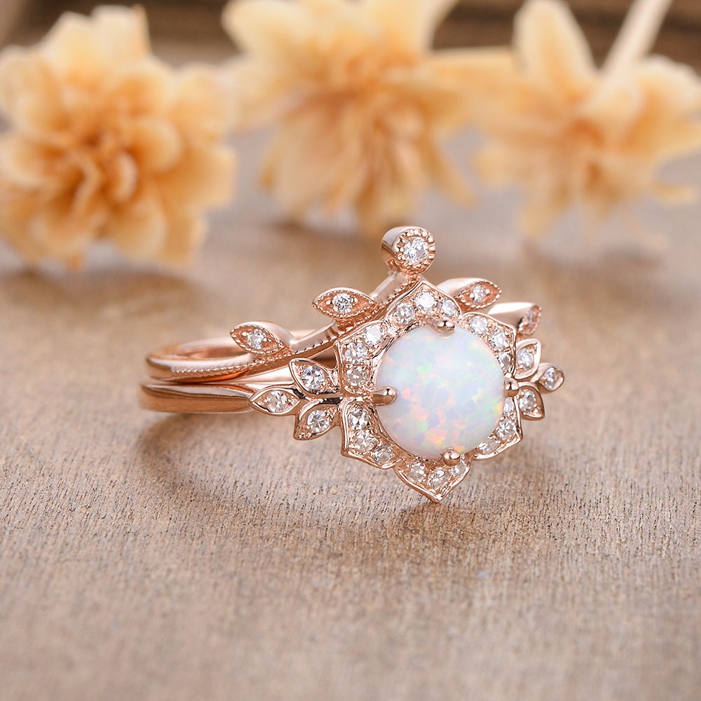 Antique Opal Engagement Ring Set 2pcs Rose Gold Opal Bridal | Etsy