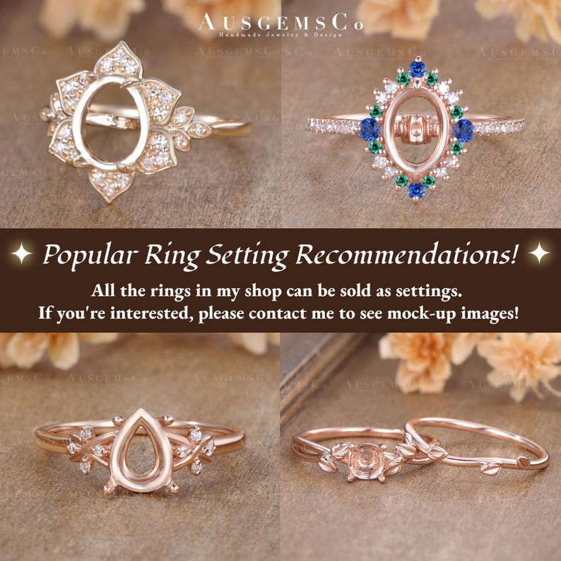 May include: Four different ring settings with a variety of styles. The settings are made of rose gold and feature a variety of gemstones, including diamonds, sapphires, and emeralds. The settings are available for purchase as individual pieces or as a set.  All the rings in my shop can be sold as settings. If you're interested, please contact me to see mock-up images!