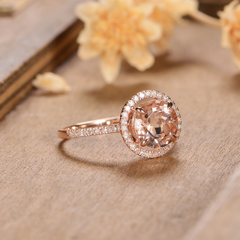Halo Engagement Ring Morganite Rose Gold Ring Diamond Round - Etsy