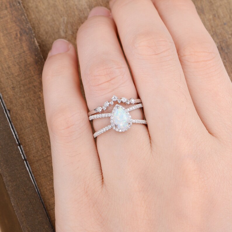 Pear Shaped Opal Engagement Ring Set White Gold Bridal Set - Etsy