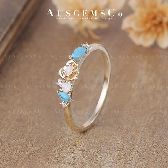Dainty Natural Opal Engagement Ring Marquise Turquoise Flower